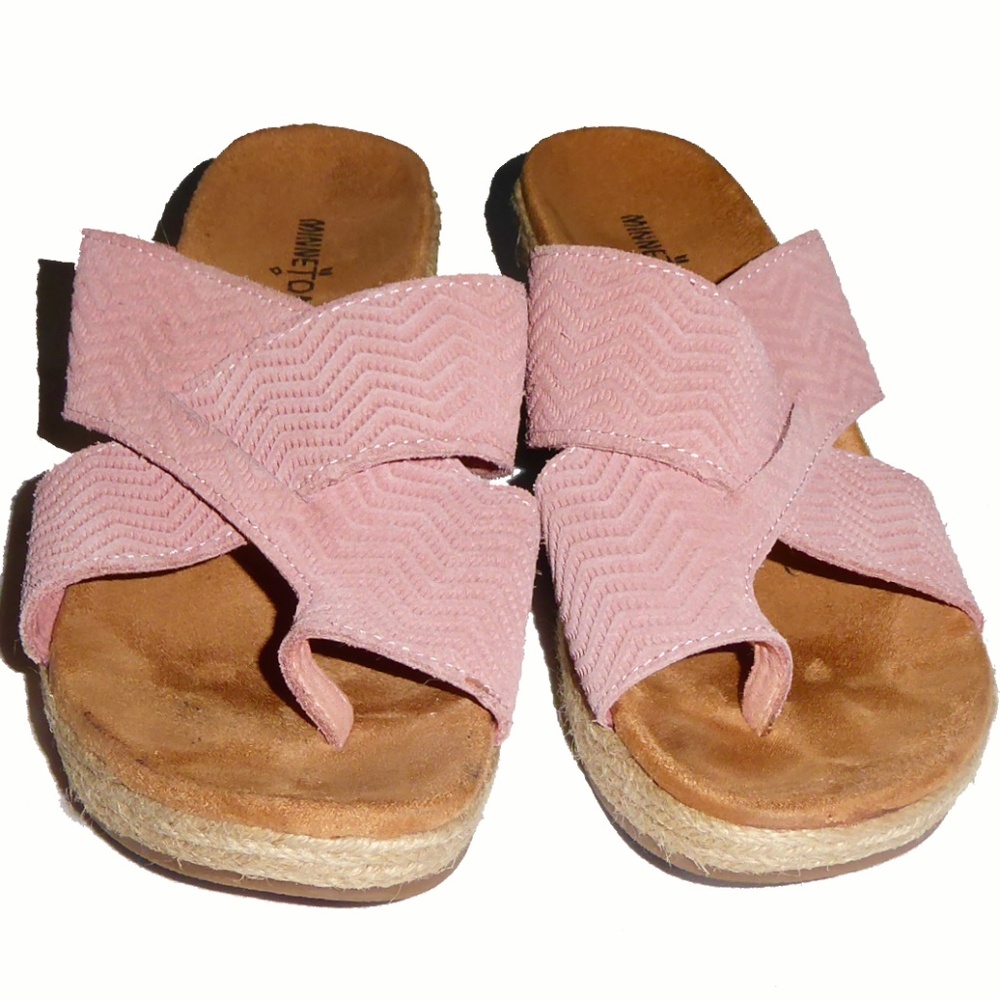 WOMENS MINNETONKA PINK LEATHER WEDGE SANDALS 2" THONG BRAIDED SHOES SIZE 8M 8